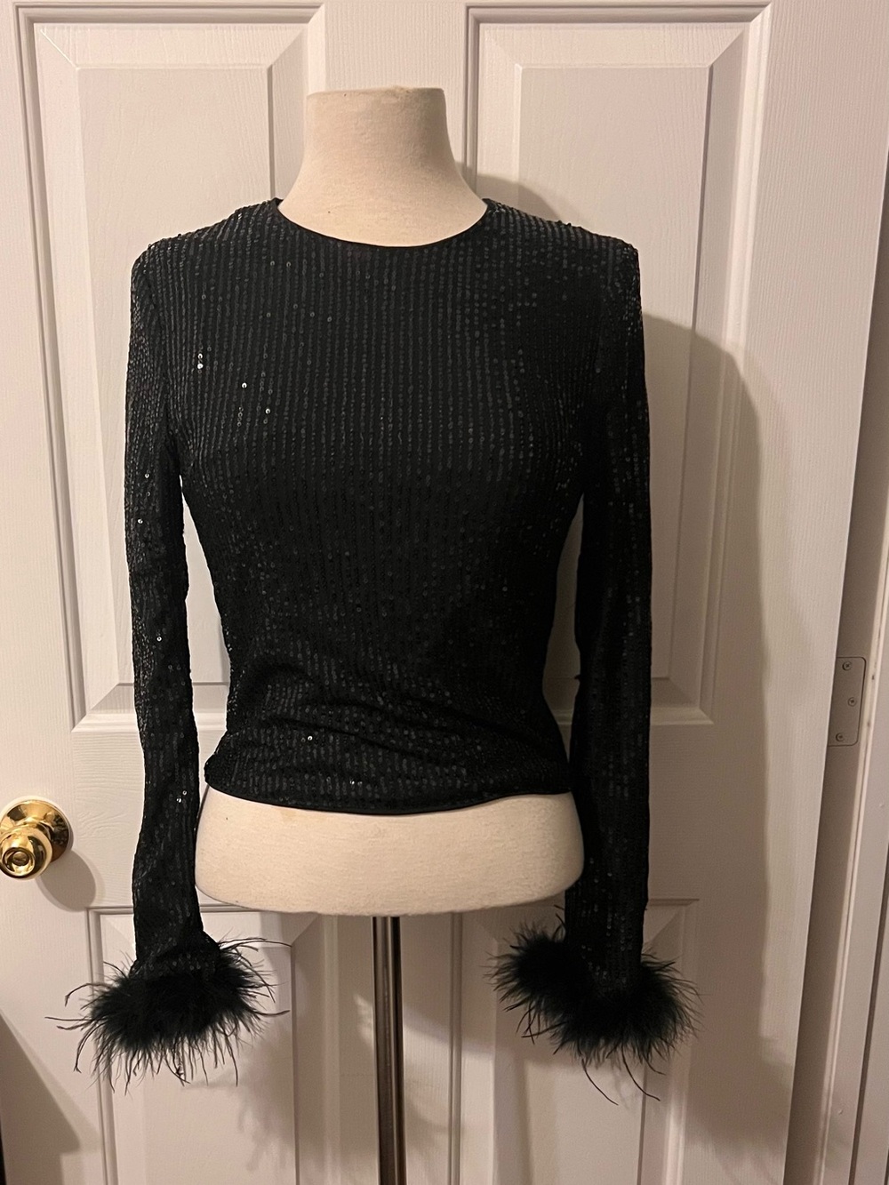 SHEIN Black Sequin Long Sleeve Top with Feather Cuffs